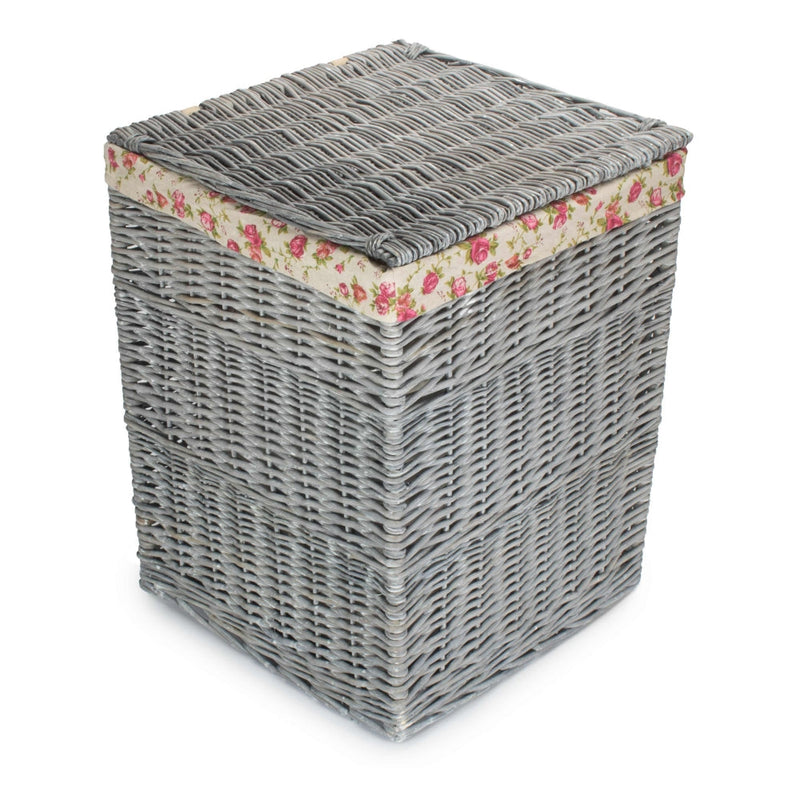 Grey Wash Square Laundry Basket with Garden Rose Lining