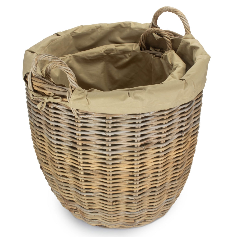 Tall Round Fireside Grey Rattan Log Basket With Removable Cordura Lining