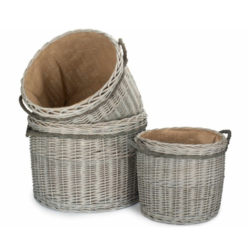 Wicker Grey Wash Round Hessian Lined Log Basket