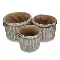 Wicker Grey Wash Round Hessian Lined Log Basket