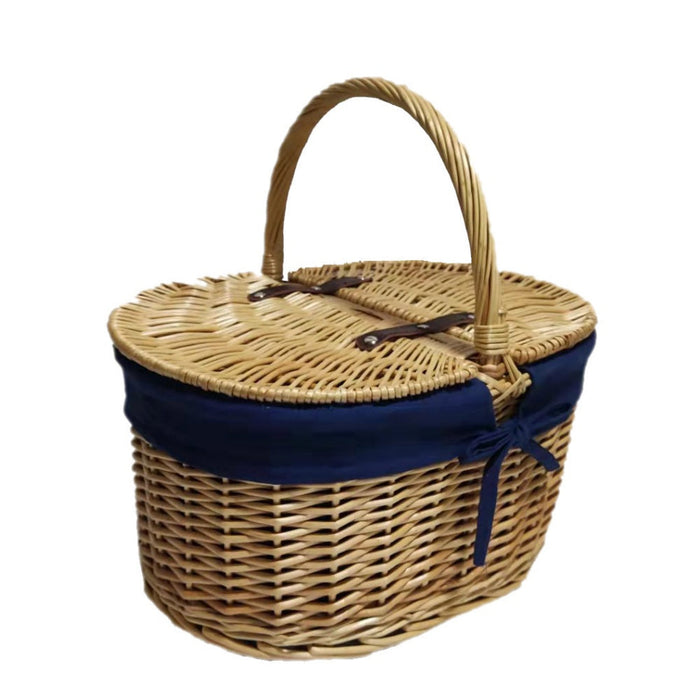 Oval Lidded Picnic Shopping Basket With Navy Blue Lining