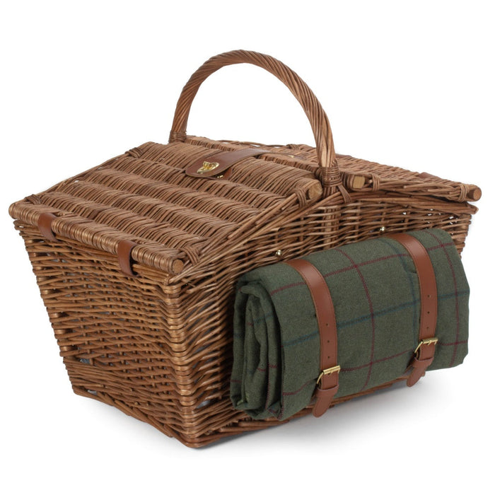 Elegant 4 Person Green Tweed Fitted Picnic Basket