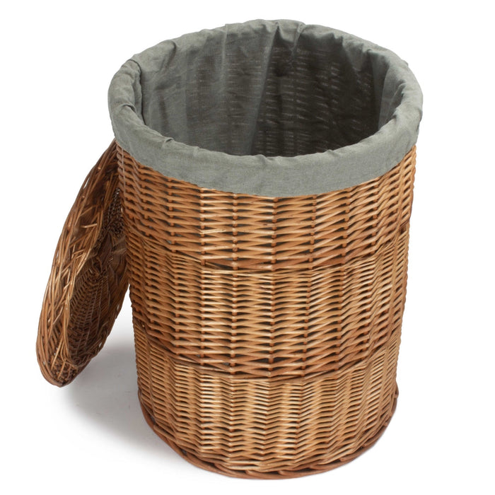 The Willow Basket Light Steamed Round Linen Basket with Grey Sage Lining