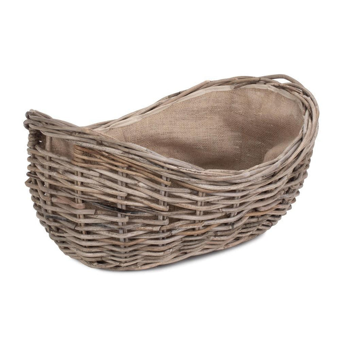 The Willow Basket Boat Shaped Rattan Log Basket with Hessian Lining